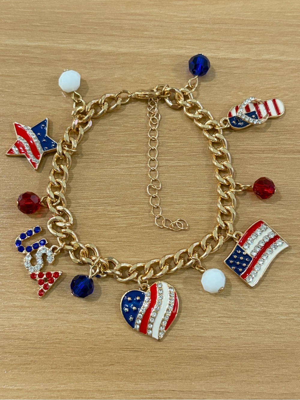 NEW Gold-Tone Patriotic USA Charm Bracelet with Red, White & Blue Accents